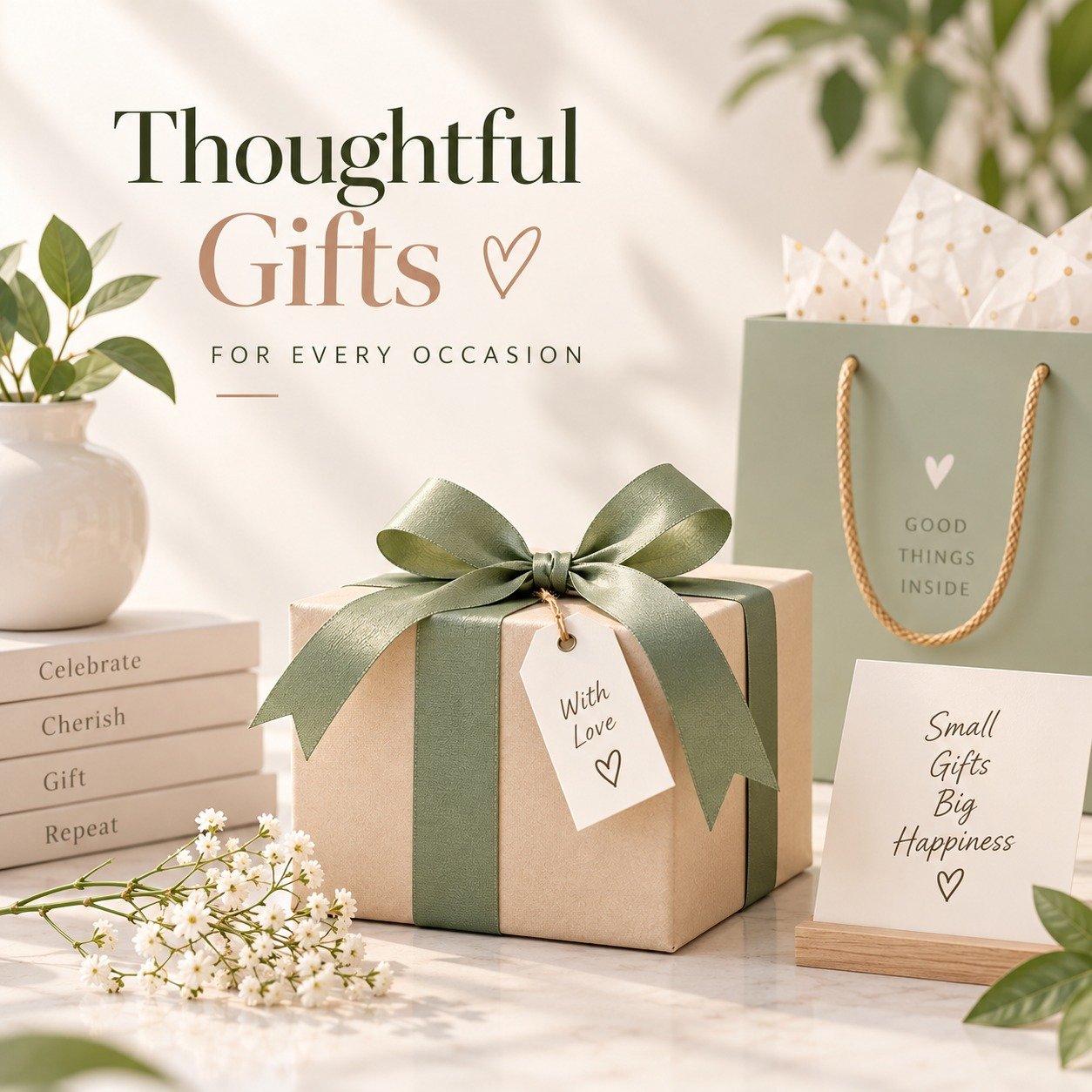Gift wrapped with a green ribbon and "With Love" tag, styled as "Thoughtful Gifts For Every Occasion"