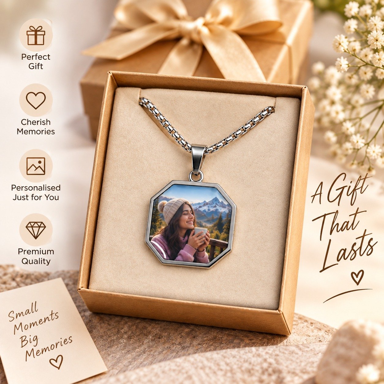 Personalised photo pendant necklace gift boxed as "A Gift That Lasts"