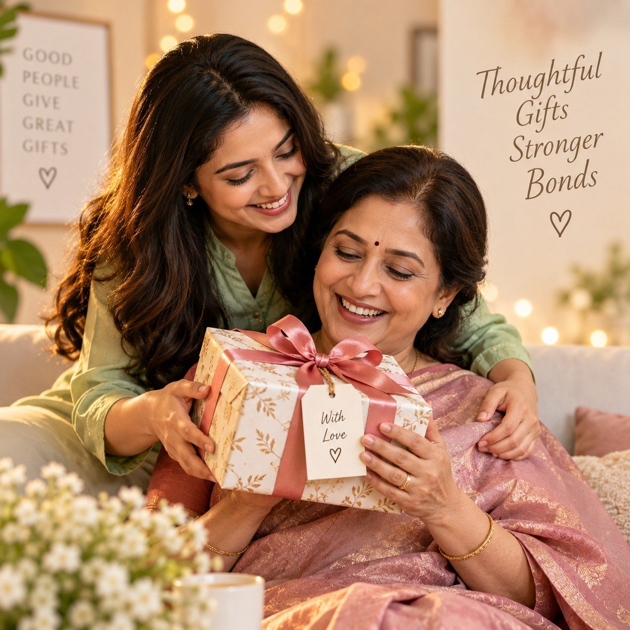 Daughter gifting her mother a wrapped present tagged "With Love"