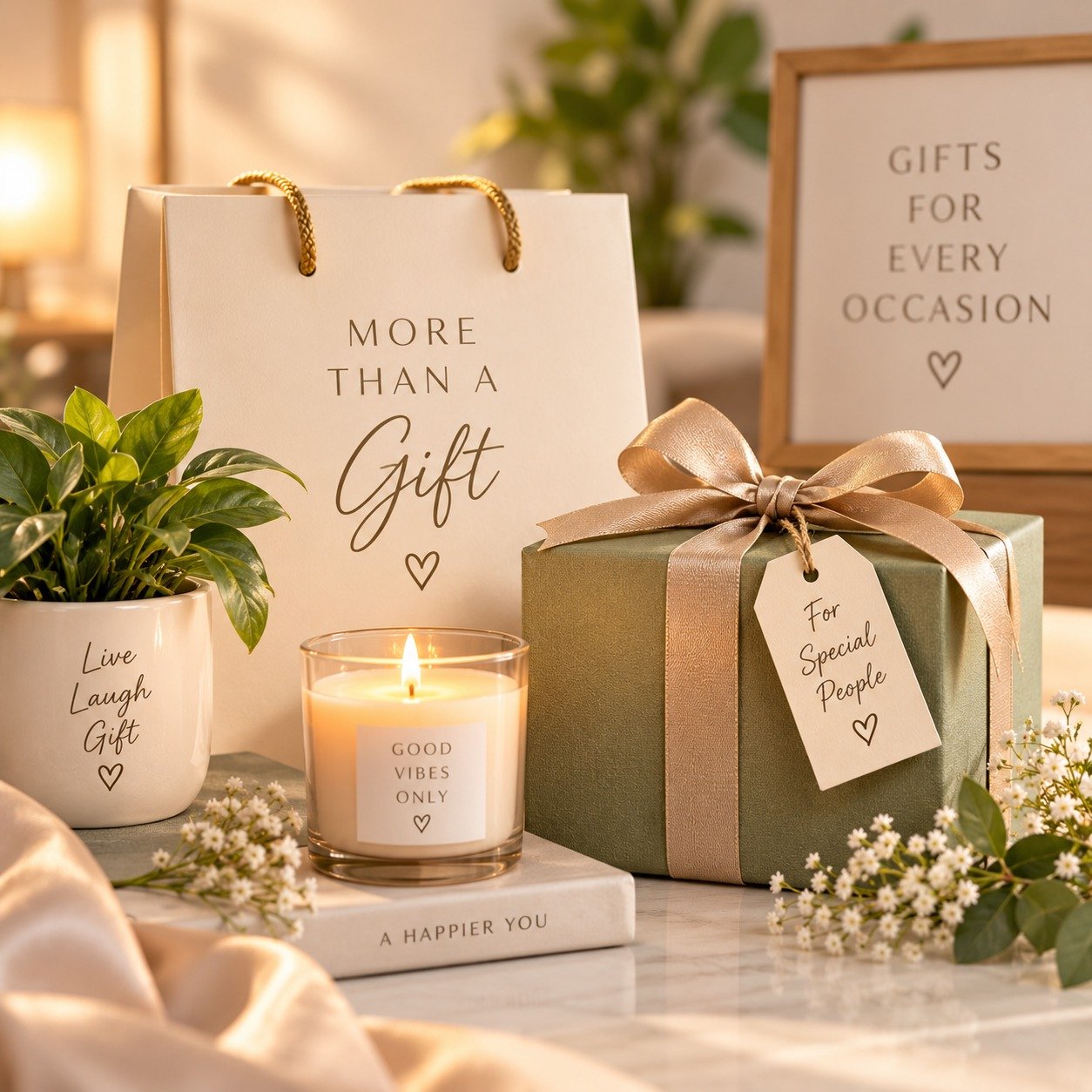 Gift bag, candle and wrapped box styled together as "More Than a Gift"