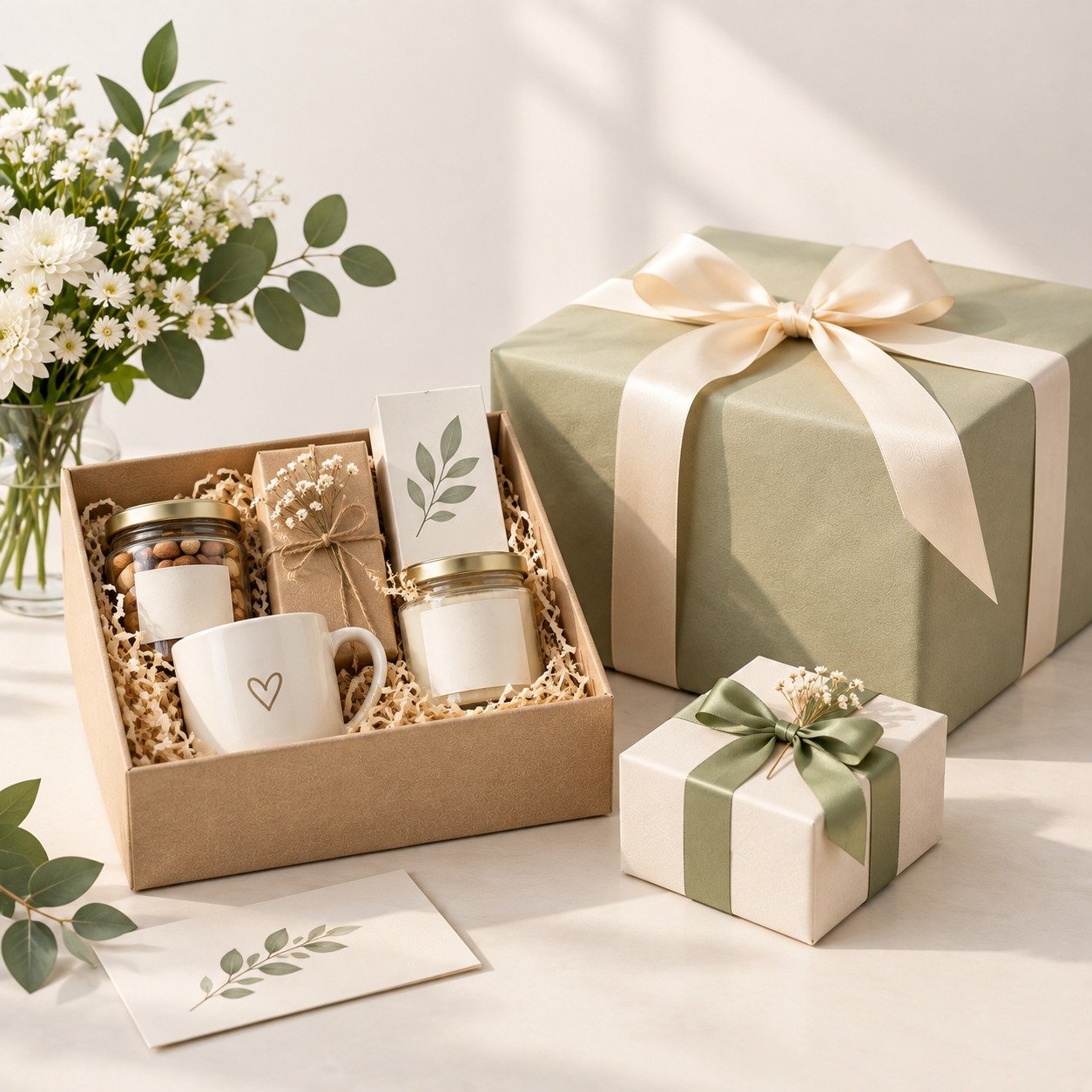 Gourmet hamper box with nuts, candle and mug beside wrapped gift boxes