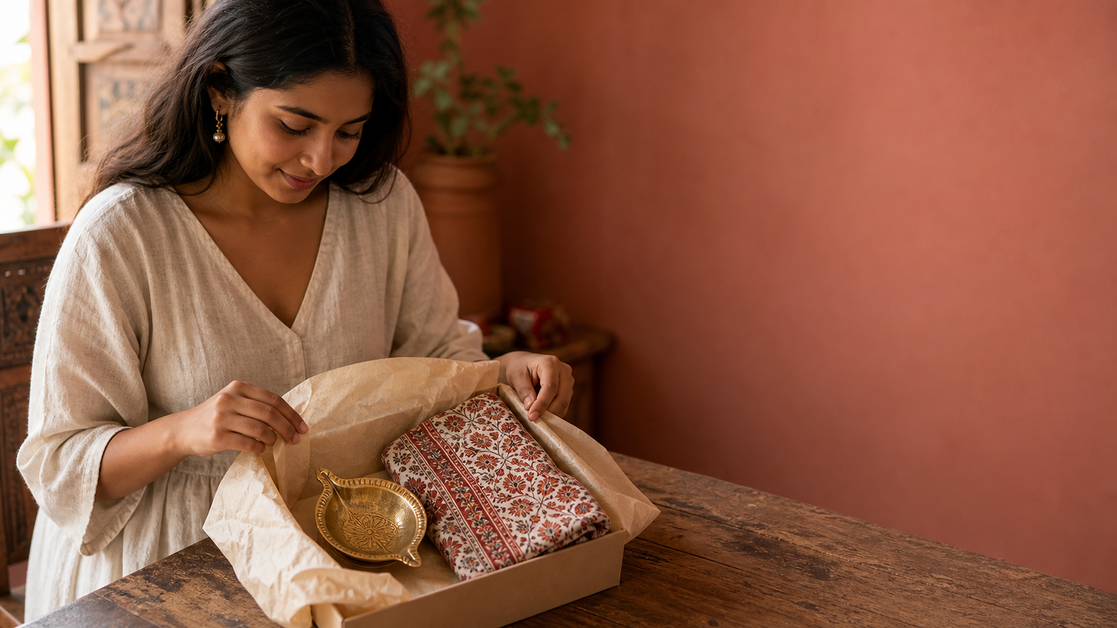 Woman unwrapping a gift box with a handcrafted brass diya and block-printed textile