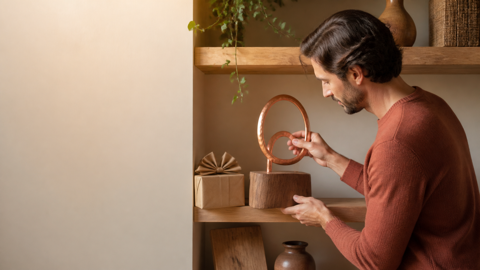 Man admiring a handcrafted copper decor piece beside a wrapped gift box